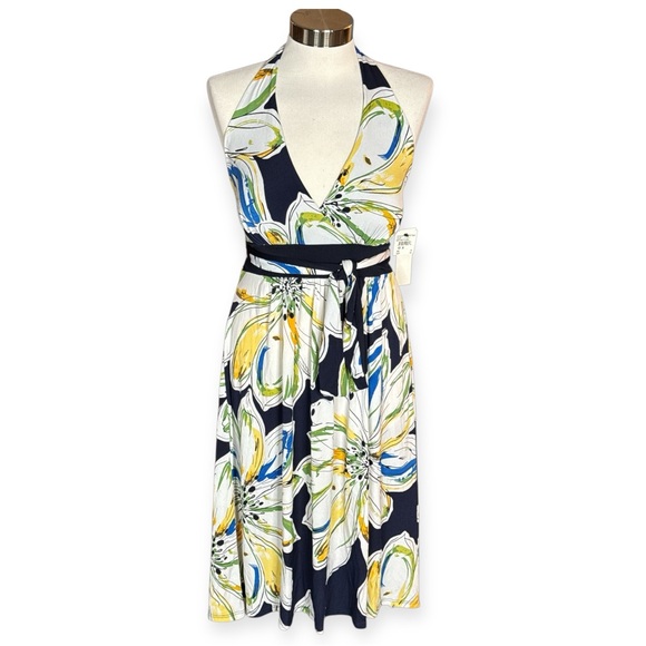 LILY NAVY FLORAL RESORT STYLE HALTER MIDI DRESS **NWT** - Picture 4 of 11